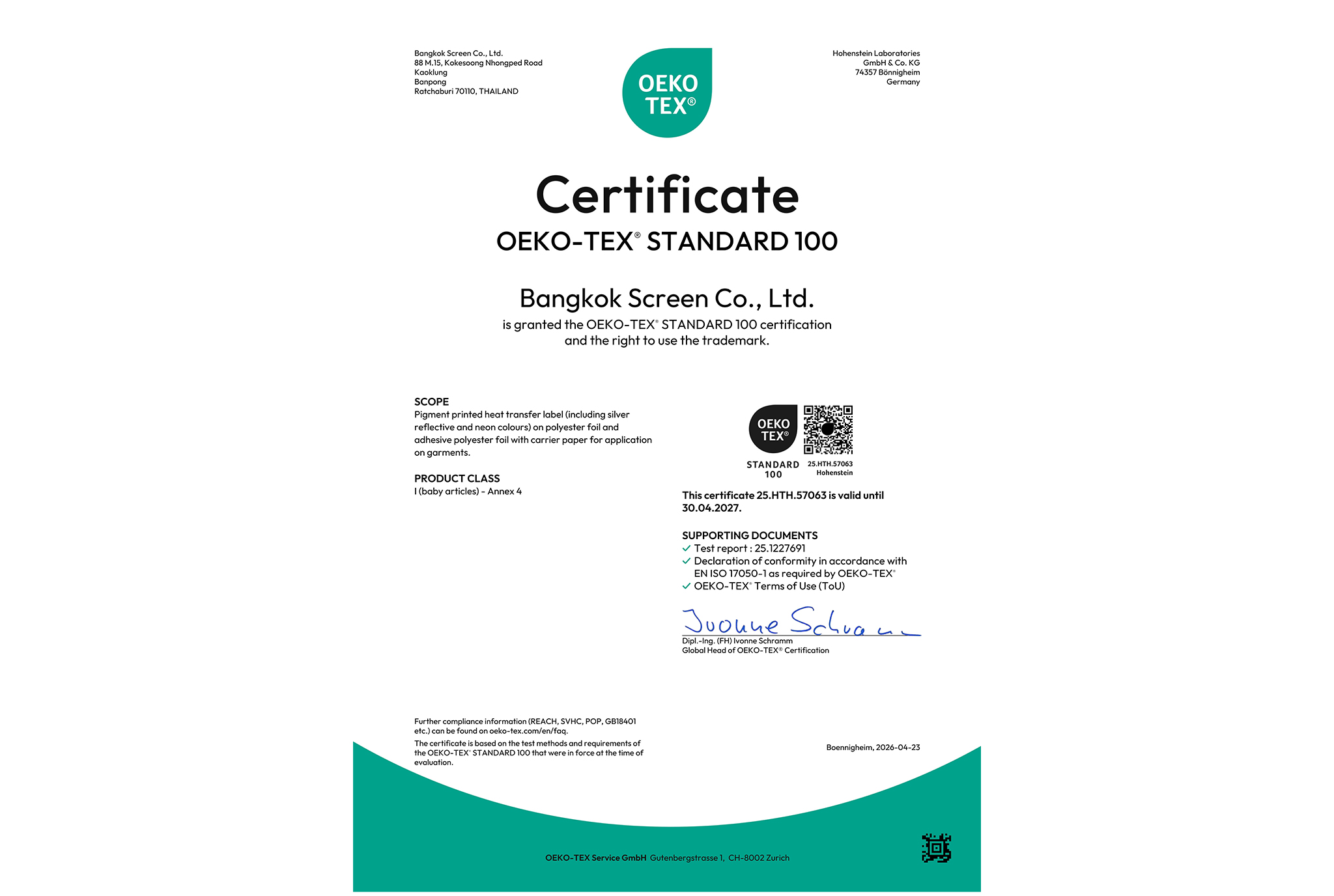 OEKO-TEX Standard 100 Class I Certification – Bangkok Screen