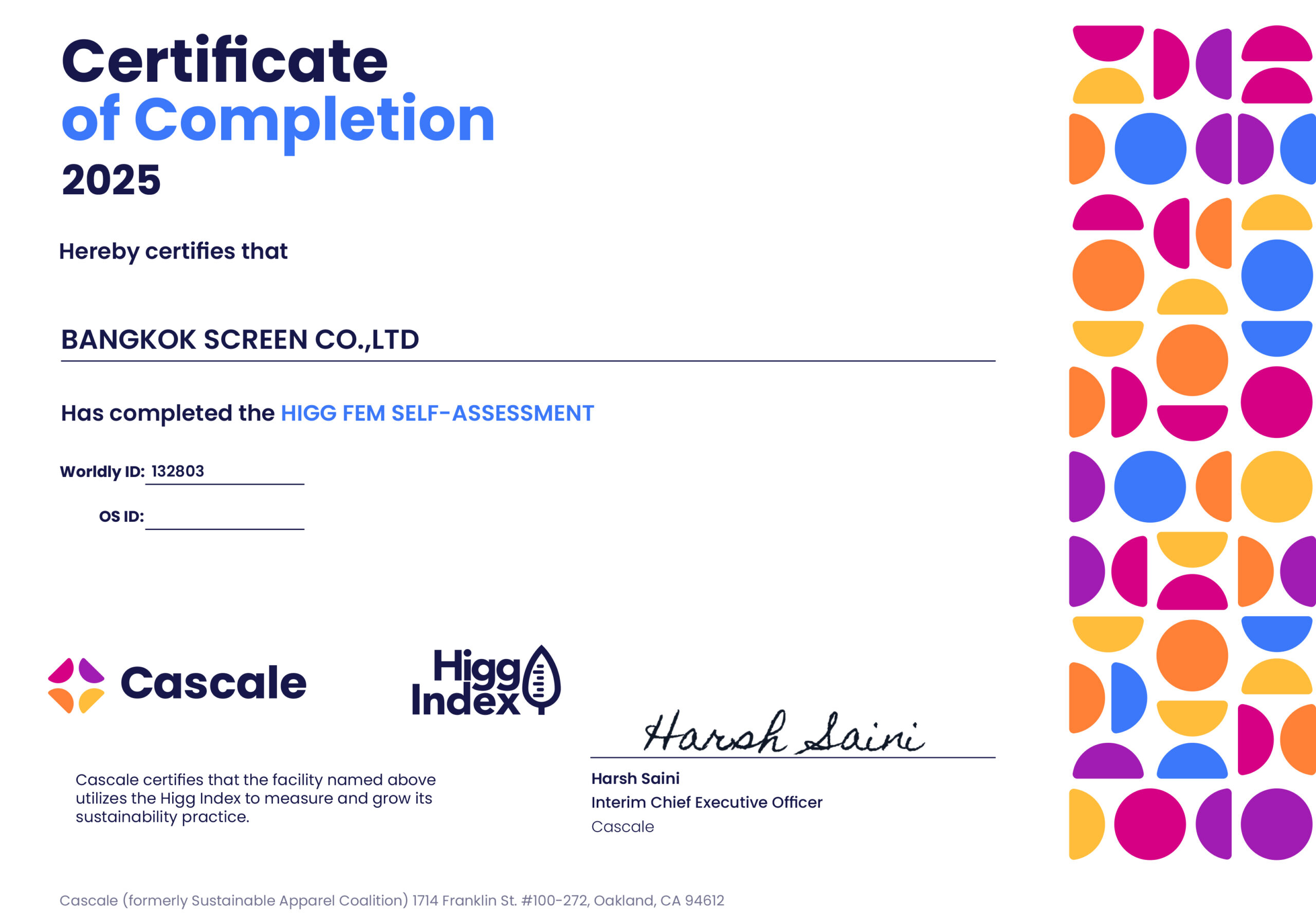 Higg Index FEM Certificate of Completion 2025 — Bangkok Screen
