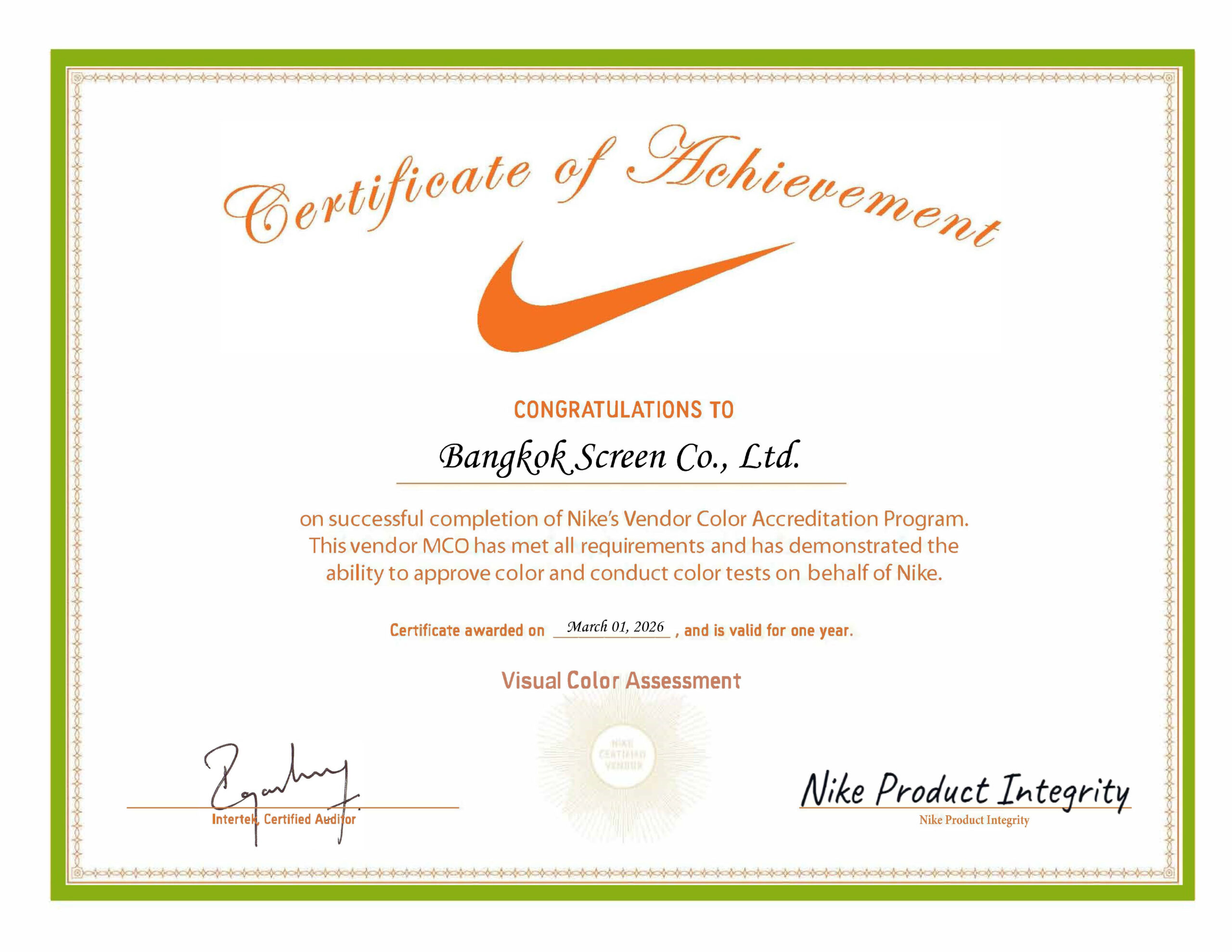 Nike Vendor Visual Color Assessment Certificate